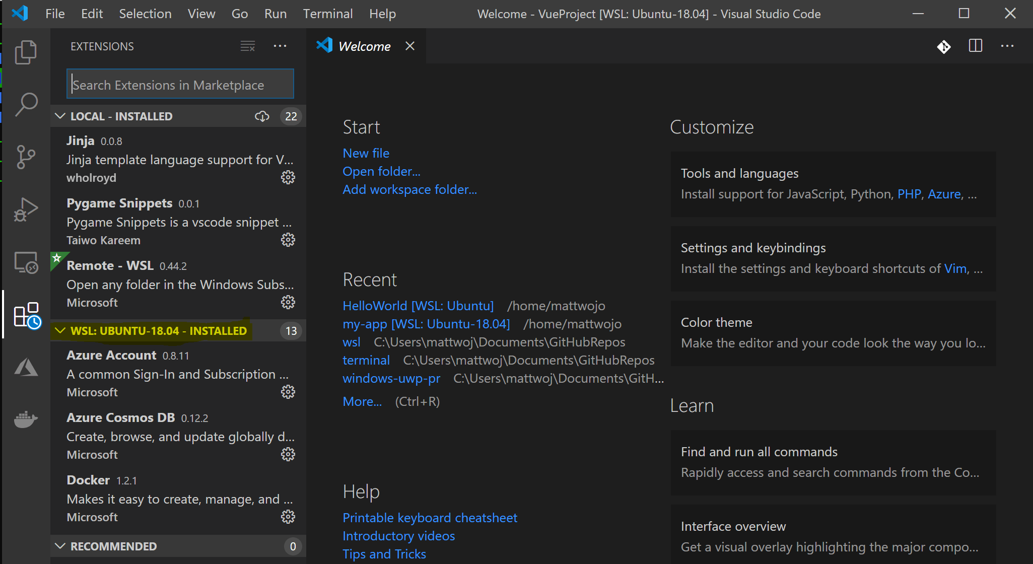 Visual Studio Code 上的 WSL 扩展